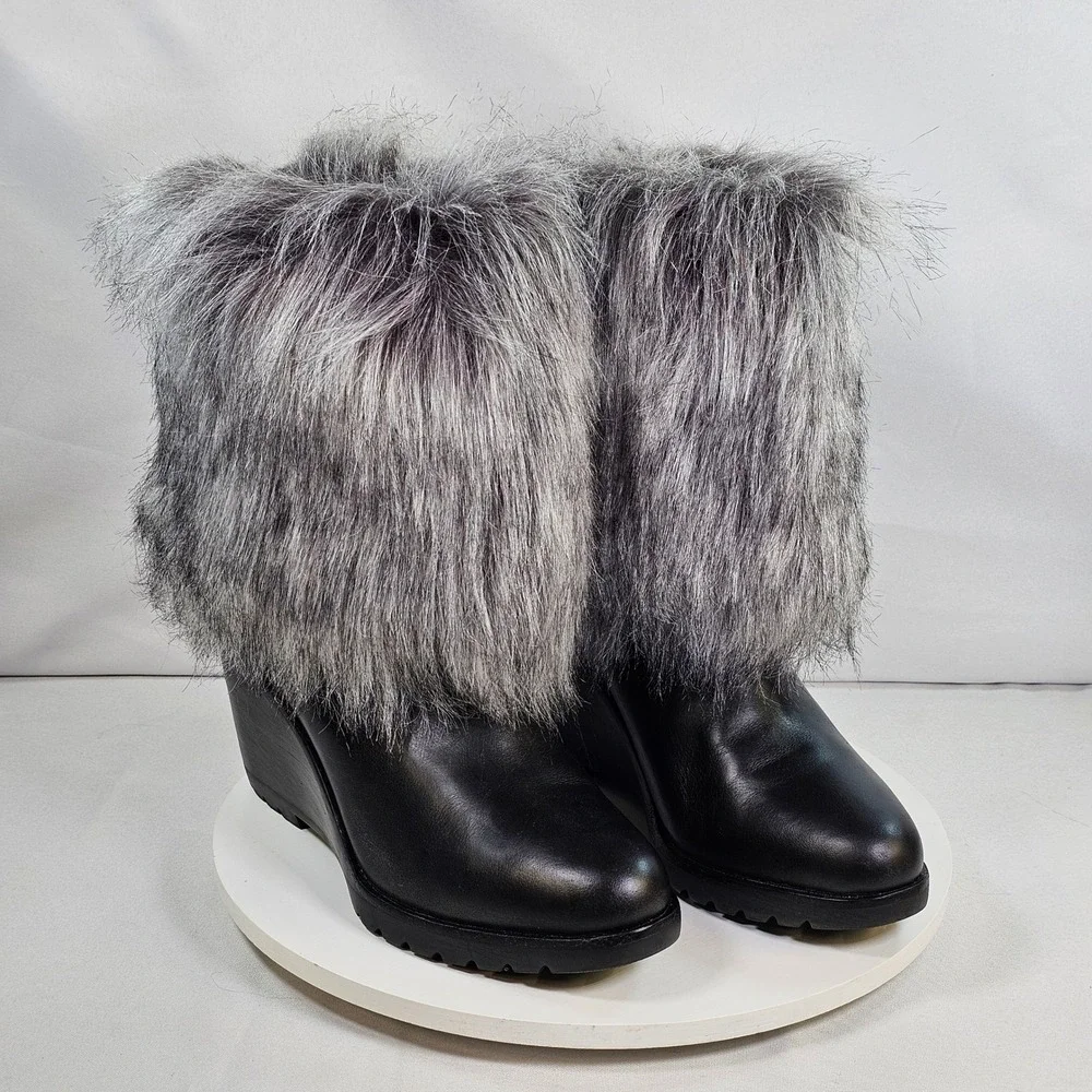 Sorel Joan of Arctic Wedge II Faux Fur Boots Black Leather NL2472-010 Womens 9